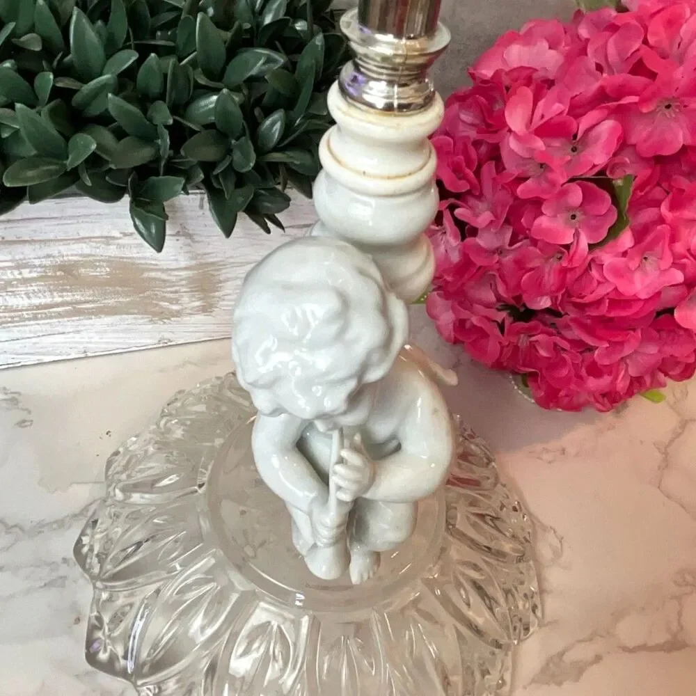 Crystal Compote Bowl Hollywood Regency Cherub Pedestal Centerpiece Vintage